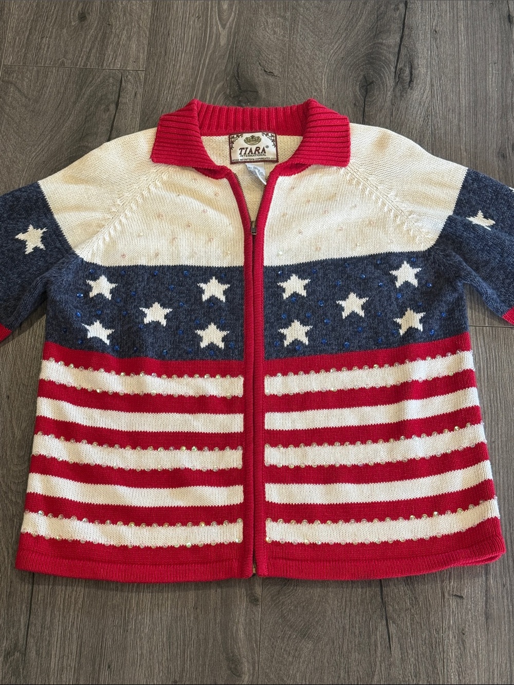 Tiara Red, White & Blue Star Stripe Zip-Up Jacket Patriotic American 🇺🇸